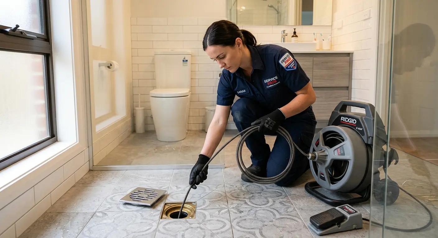 Technician clearing a bathroom floor drain for Clogged Drain Repair in Gilbert